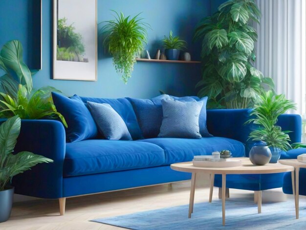 Foto blauwe bank en groene planten in de woonkamer