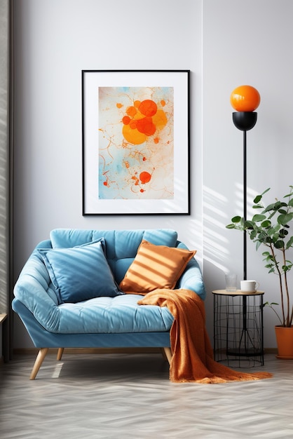 Blauwe bank en oranje schilderij