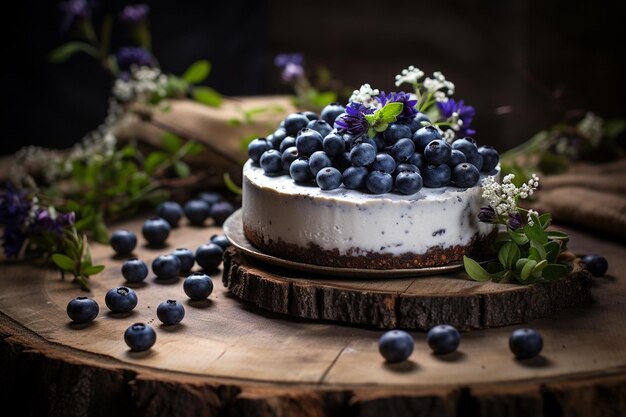 Foto blauwe bessen cheesecake met verse bessen erop