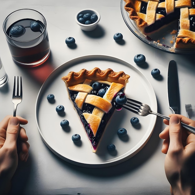 Blauwe bessen kaaskoek met verse bessen en koffie op een donkere achtergrond