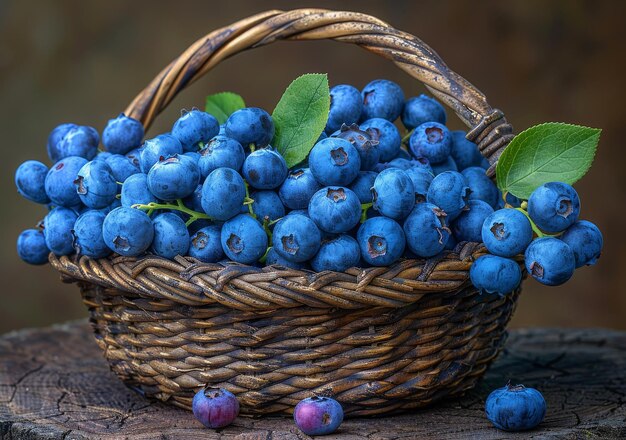 Blauwe bessen met bladeren in een mand op een houten tafel