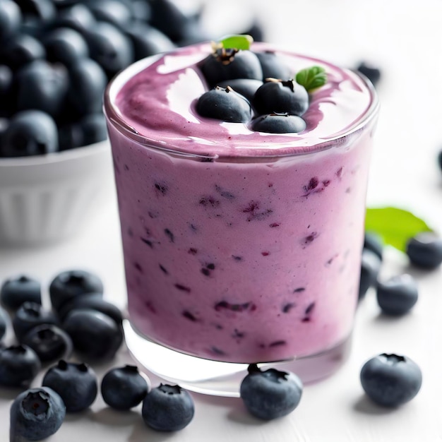 Blauwe bessen smoothie gemaakt met verse biologische blauwe bessen en gewone yoghurt op een witte tafel