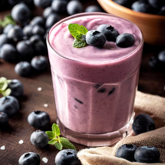 Blauwe bessen smoothie gemaakt met verse biologische blauwe bessen en gewone yoghurt