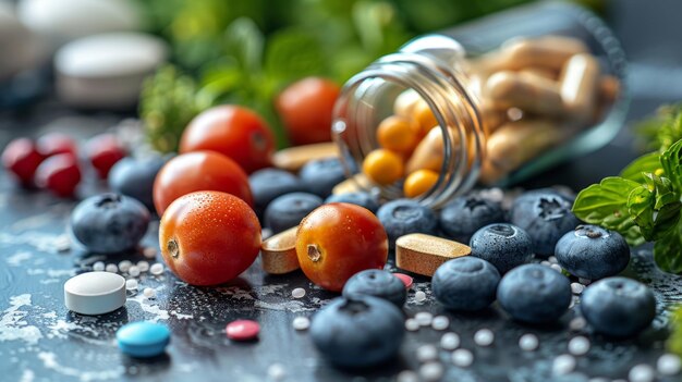 Blauwe bessen, tomaten en andere groenten uit een pot