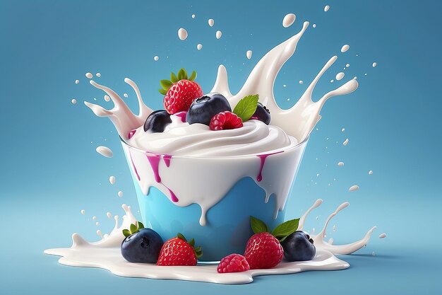 Blauwe bessen yoghurt advertenties heerlijke yoghurt reclame met melk en fruit jam spetteren samen in 3D illustratie