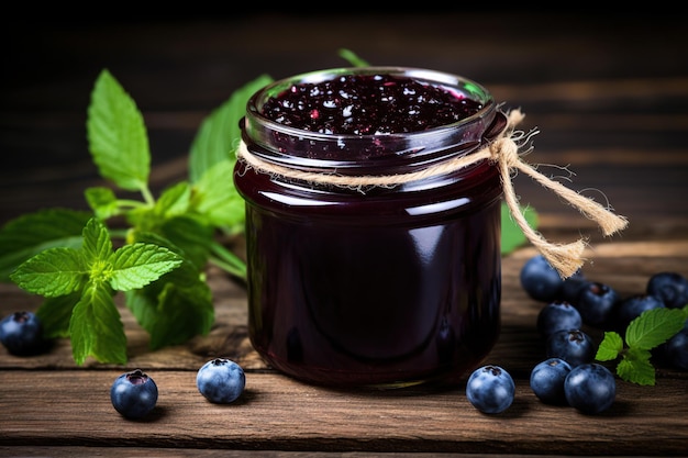 Foto blauwe bessenjam en bessen op een houten tafel