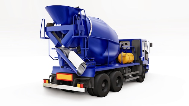 Blauwe betonmixer vrachtwagen witte achtergrond. Driedimensionale afbeelding van bouwmachines. 3D-rendering.