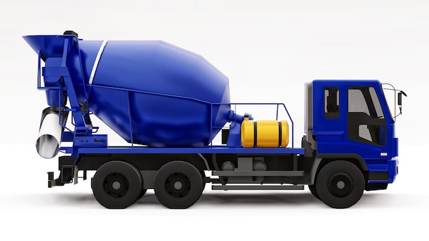 Blauwe betonmixer vrachtwagen witte achtergrond. Driedimensionale afbeelding van bouwmachines. 3D-rendering.