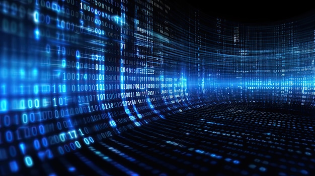 Blauwe binaire gegevens over computerscherm Cybercode en coderingscommunicatie in digitale Cyberspace