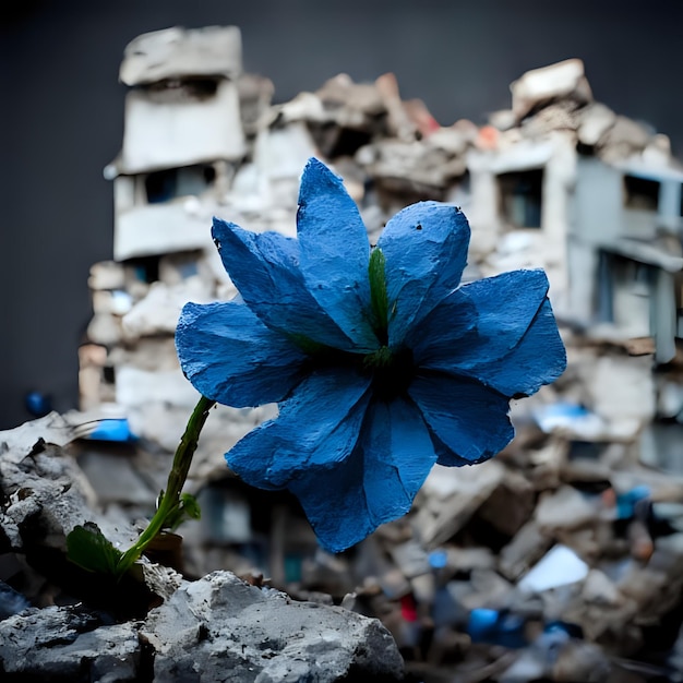 Blauwe bloem met een door oorlog verwoest gebouw erachter