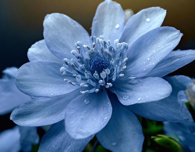 Blauwe bloem met waterdruppels op de bloemblaadjes close-up