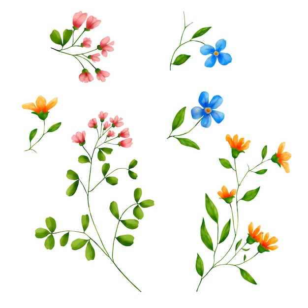 Blauwe bloemen en groene takjes en bladeren kleine vlinders een set leuke bloemen aquarel