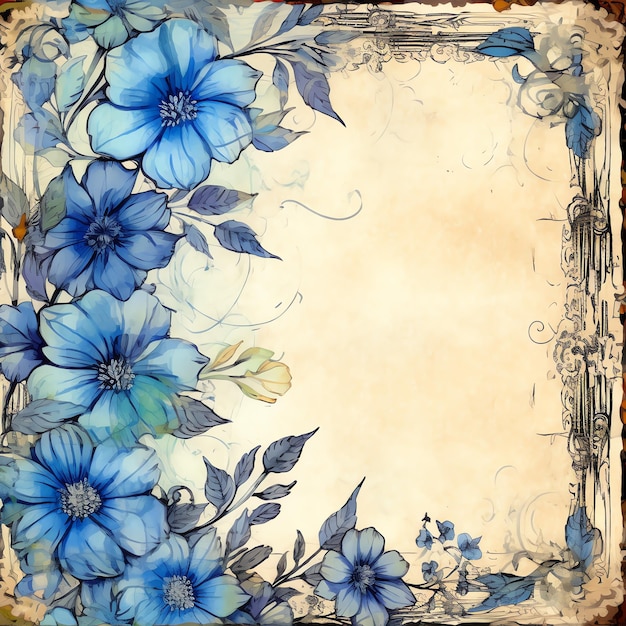 blauwe bloemen gelinieerd papier fantasie oud papier junk journal digitaal papier