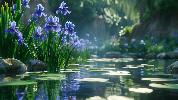 Blauwe bloemen in de Watertuin Iris en Waterlily Pond Scene