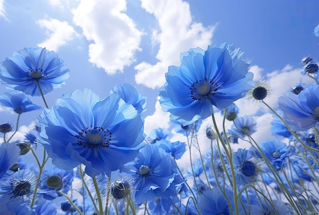 blauwe bloemen met een mooie luchtfoto in de stijl van miwa komatsu