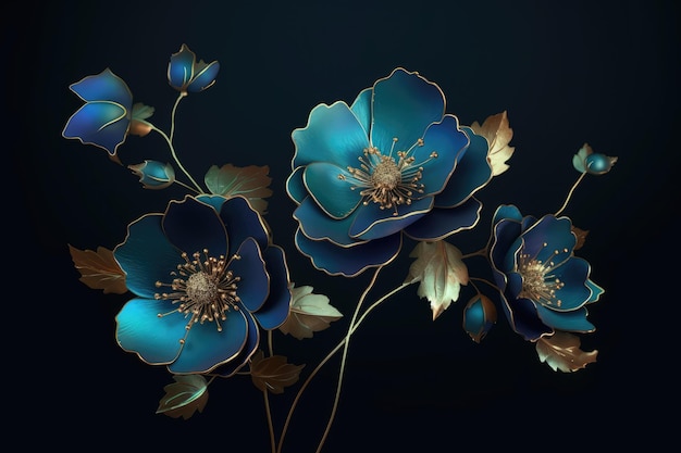 Blauwe bloemen op een zwarte achtergrond