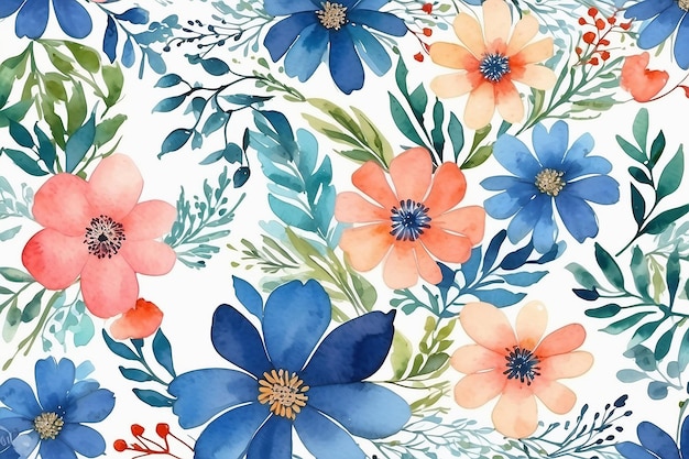 Blauwe bloemen waterverf achtergrond rand patroon