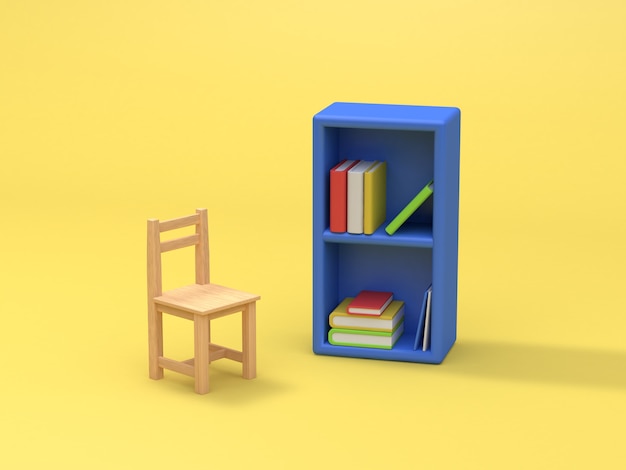 blauwe boekenplank en stoel gele achtergrond 3D-rendering