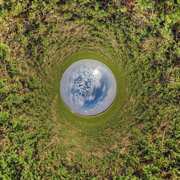 Blauwe bol kleine planeet binnen groen gras ronde frame achtergrond