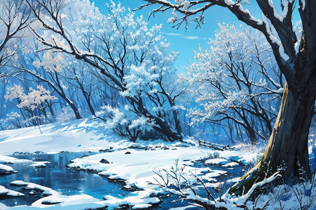 Blauwe bomen in een anime-stijl in een natuurlijk landschap