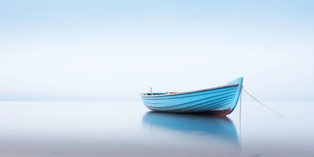 Blauwe boot in een rustige zee in de buurt van een strandlijn Rustige landschap Generatieve AI