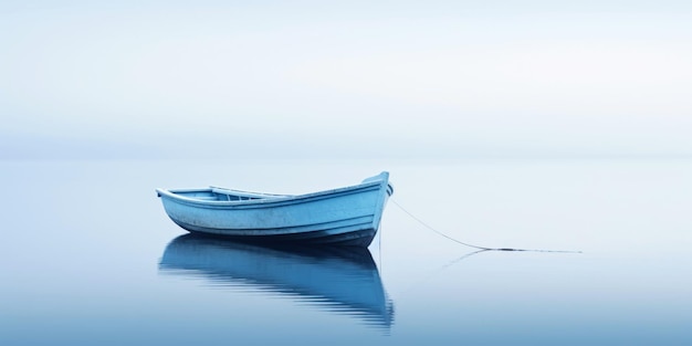 Blauwe boot in een rustige zee in de buurt van een strandlijn Rustige landschap Generatieve AI