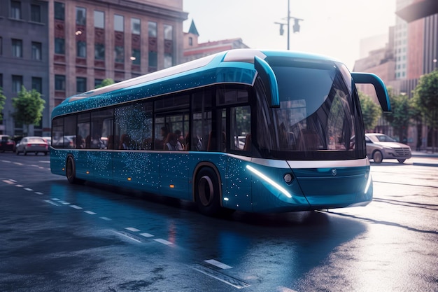 Blauwe bus rijdt door de straat naast een hoog gebouw op een regenachtige dag Generatieve AI