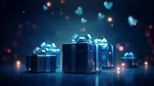 Blauwe cadeau doos met gouden lint en liefde glinsterende achtergrond