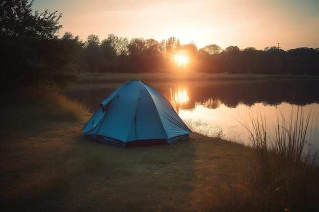 Blauwe campertent met een meer op de achtergrond tijdens zonsondergang Generatieve AI
