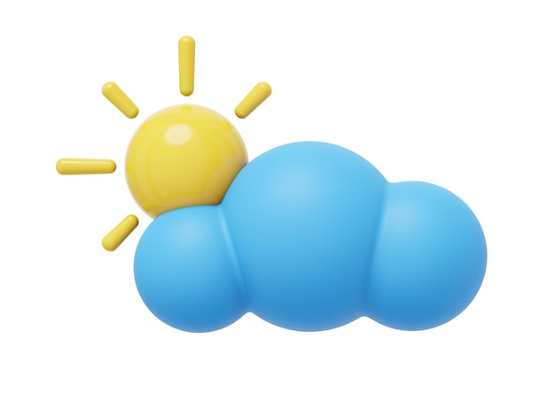 Blauwe cartoon wolk met zon 3D-rendering pictogram op witte achtergrond