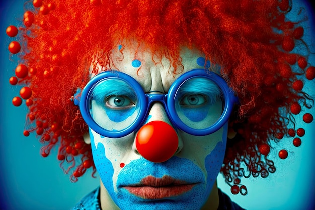 Blauwe clown glinstert met rode neus voor de lol