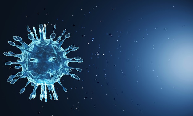Blauwe Corona-virusmutatie onder de microscoop, COVID 19-pandemie uit China sinds 2019 naar elk land. Het virus muteert sterk voor uitbreiding van de epidemie en moeilijk te behandelen, 3D-rendertechniek