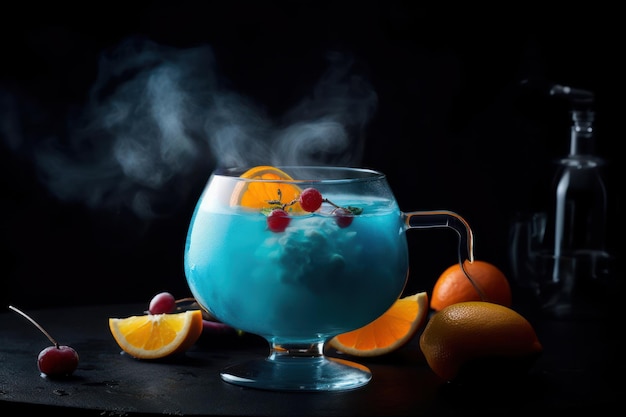 Blauwe curacao cocktail met kersenoranje en ijs op zwarte achtergrond