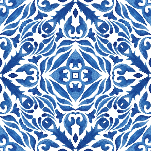 Blauwe damast naadloze decoratieve aquarel arabesque verf tegel