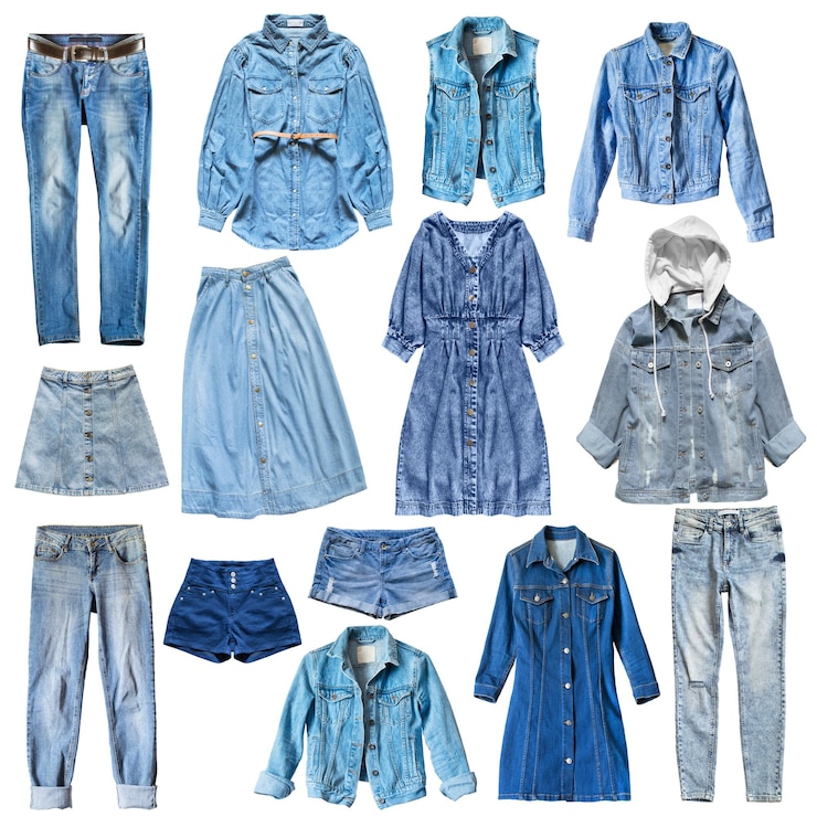 Foto blauwe denim kleding collectie geïsoleerd op een witte achtergrond