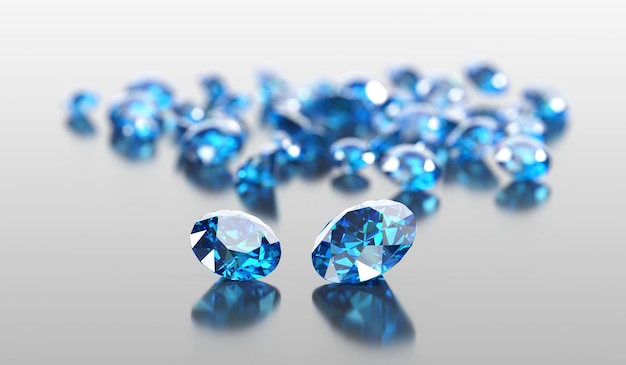 Foto blauwe diamant saffier geplaatst op glanzende achtergrond hoofdobject focus 3d rendering