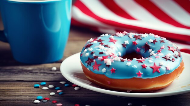 Foto blauwe donut met rode witte en blauwe sprinkles