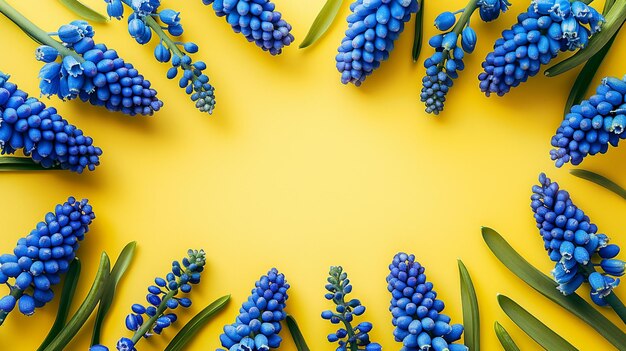 Blauwe druivenhyacinthbloemen op een levendige gele achtergrond
