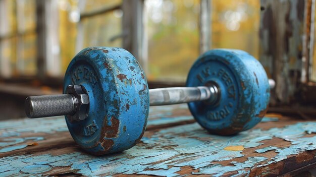 Foto blauwe dumbbells op een houten bank