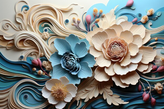 Blauwe en beige bloemen in papier gesneden stijl Bloemen quilling Lente ansichtkaart
