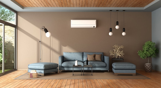 Blauwe en bruine woonkamer met airconditioning