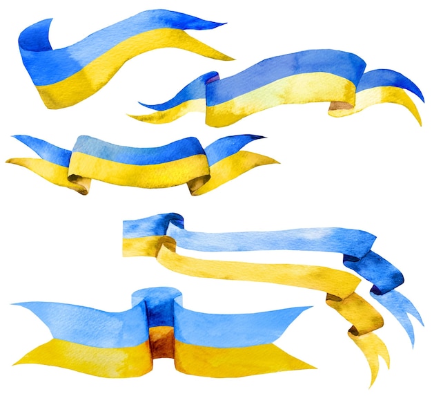 Blauwe en gele aquarel banners met kopie ruimte Aquarel vintage vlag illustratie Hand getekende geïsoleerde element voor vakantie en bruiloft briefpapier wenskaarten