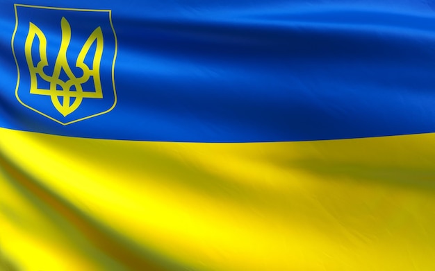 Blauwe en gele vlag met wapenschild Oekraïense vlag van een onafhankelijk Europees land Staatssymbolen Trident Independent Oekraïne Soevereine Oekraïne 3D illustratie