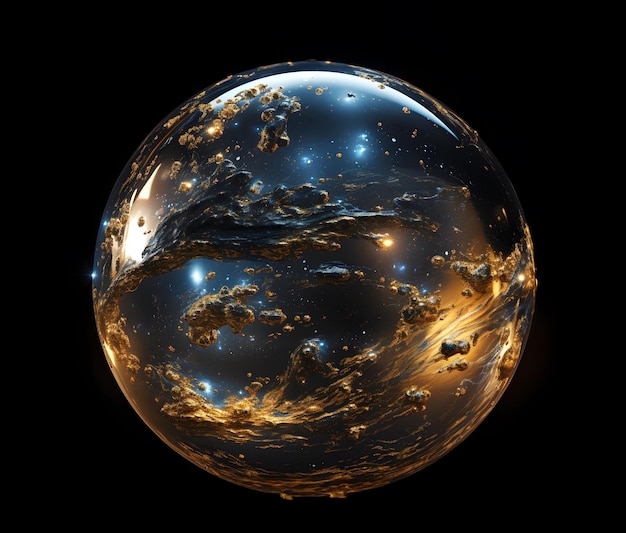 Blauwe en gouden abstracte bol in de ruimte Gloeiende planeet op zwarte achtergrond 3D-weergave