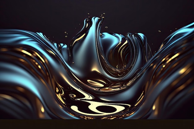 Blauwe en gouden abstracte vloeibare golven achtergrond vloeiend stromend water bewegingstextuur Generatieve AI