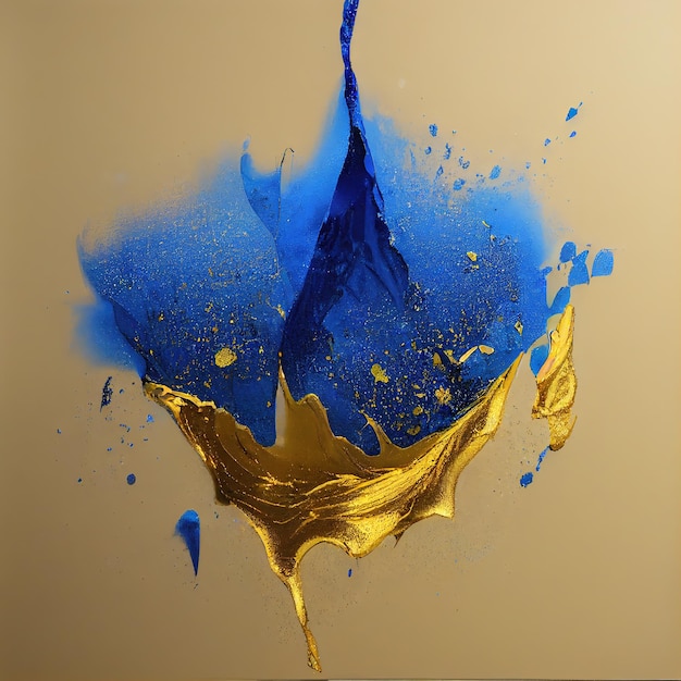 Blauwe en gouden acryl druipende vloeistof