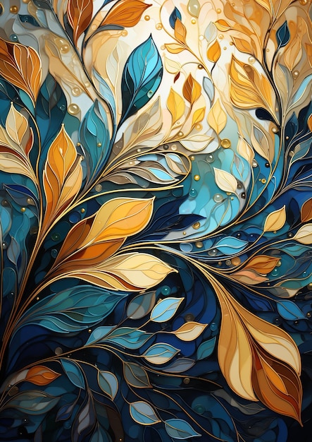 Blauwe en gouden glas-in-lood bladeren