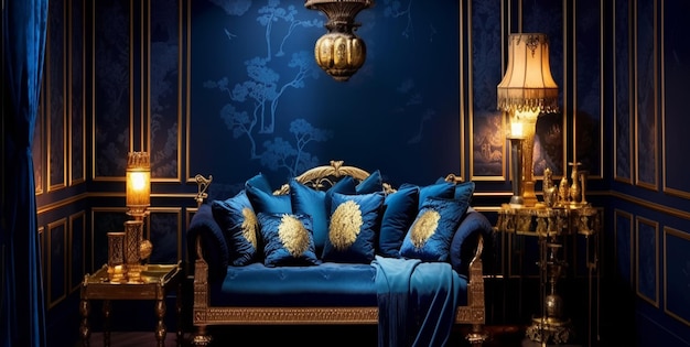 blauwe en gouden kamer met grillige donkere azuurblauwe kleur