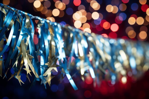 Blauwe en gouden sterren hangen op feeststromen met wazige lichten op de achtergrond