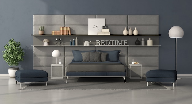 Blauwe en grijze moderne slaapkamer met bed voor een leren paneel met planken. 3D-weergave